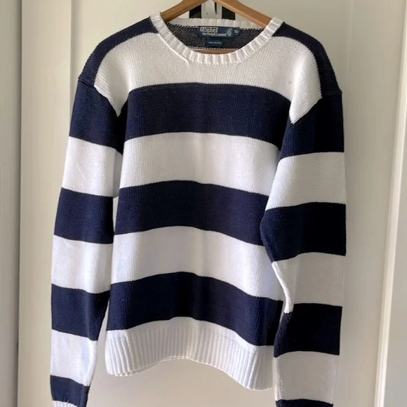 Vintage Ralph Lauren Polo Crew Neck Striped Sweater Navy Blue White Men's  XL